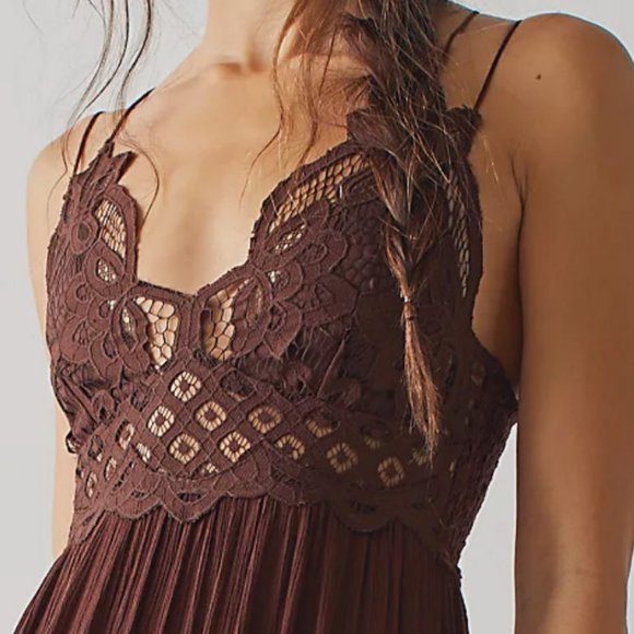 NEW Free People FP One Adella Long Maxi Slip Dress Crochet Lace Chocolate $128 L - Picture 7 of 10